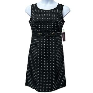 NWT Karin Stevens Dress Womens 10 Black White Polka Dot Sleeveless Belted Knee